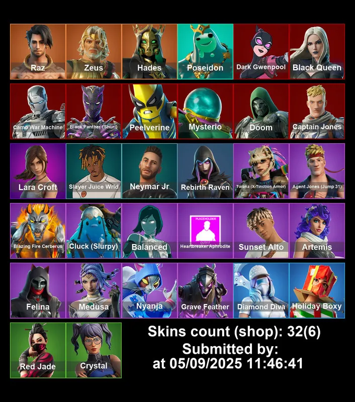 [XBOX/PC] 32 skins | Raz | Zeus | Hades | Poseidon | Dark Gwenpool | Black Queen | Camo War Machine | Black Panther (Shuri) | Peelverine | Mysterio | 100 VB